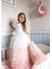 White Pink Ruffle Tulle Feather Flower Girl Dress